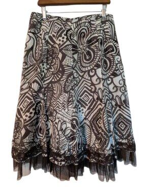 Linea Domani Cream Brown Linen Blend Abstract Midi Skirt 12 Boho